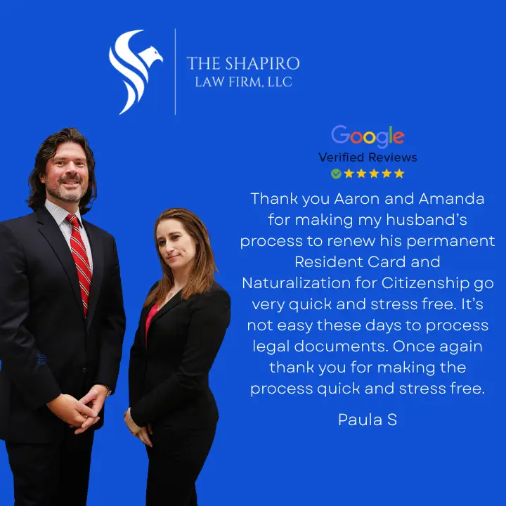 Thank you Aaron and Amanda for making my husband&rsquo;s process to renew his permanent Resident Card and Naturalization for Citizenship go very quick and stress free. It&rsquo;s not easy these days to process legal documents. Once again thank you for making the process quick and stress free.
