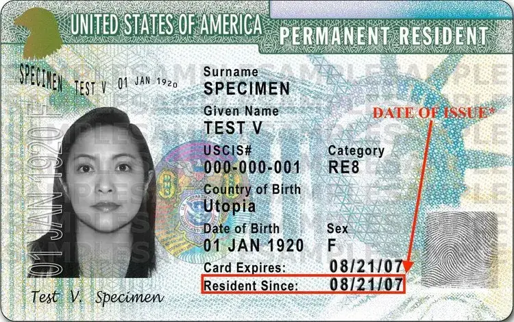 An example image of the front of a green card