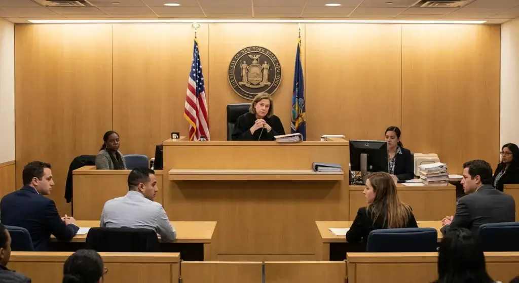 A photorealistic photo inside a New York family court courtroom, showing a female judge seated at the bench beneath the state seal, looking seriously towards lawyers and clients seated at counsel tables just before rendering a decision."