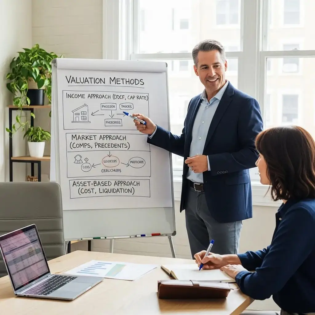 Business consultant explaining valuation methods to a business owner in an office