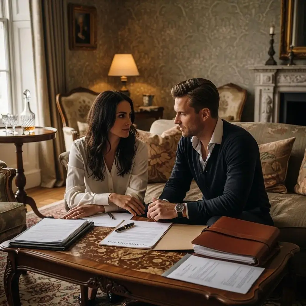 High-net-worth couple discussing prenuptial agreement in a luxurious living room