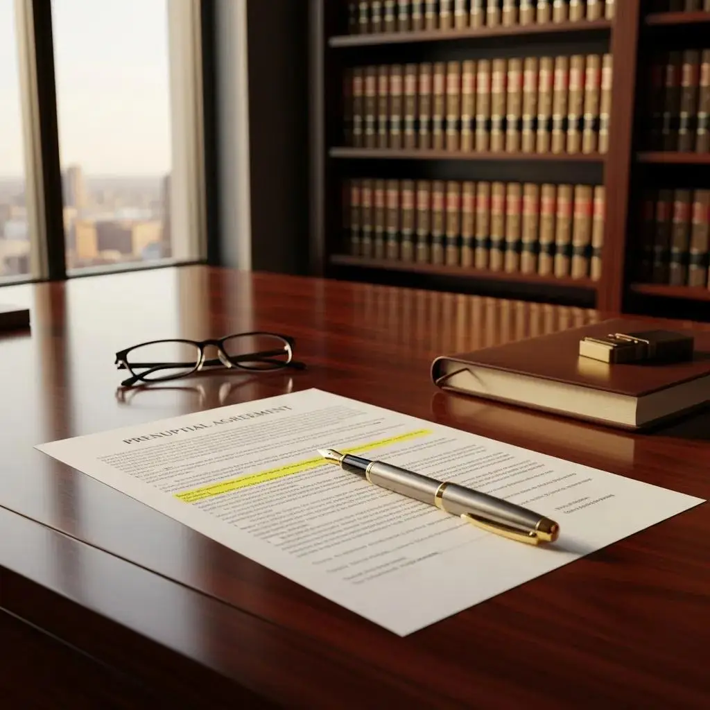 Legal document and pen on a desk in a law office, representing prenuptial agreement requirements