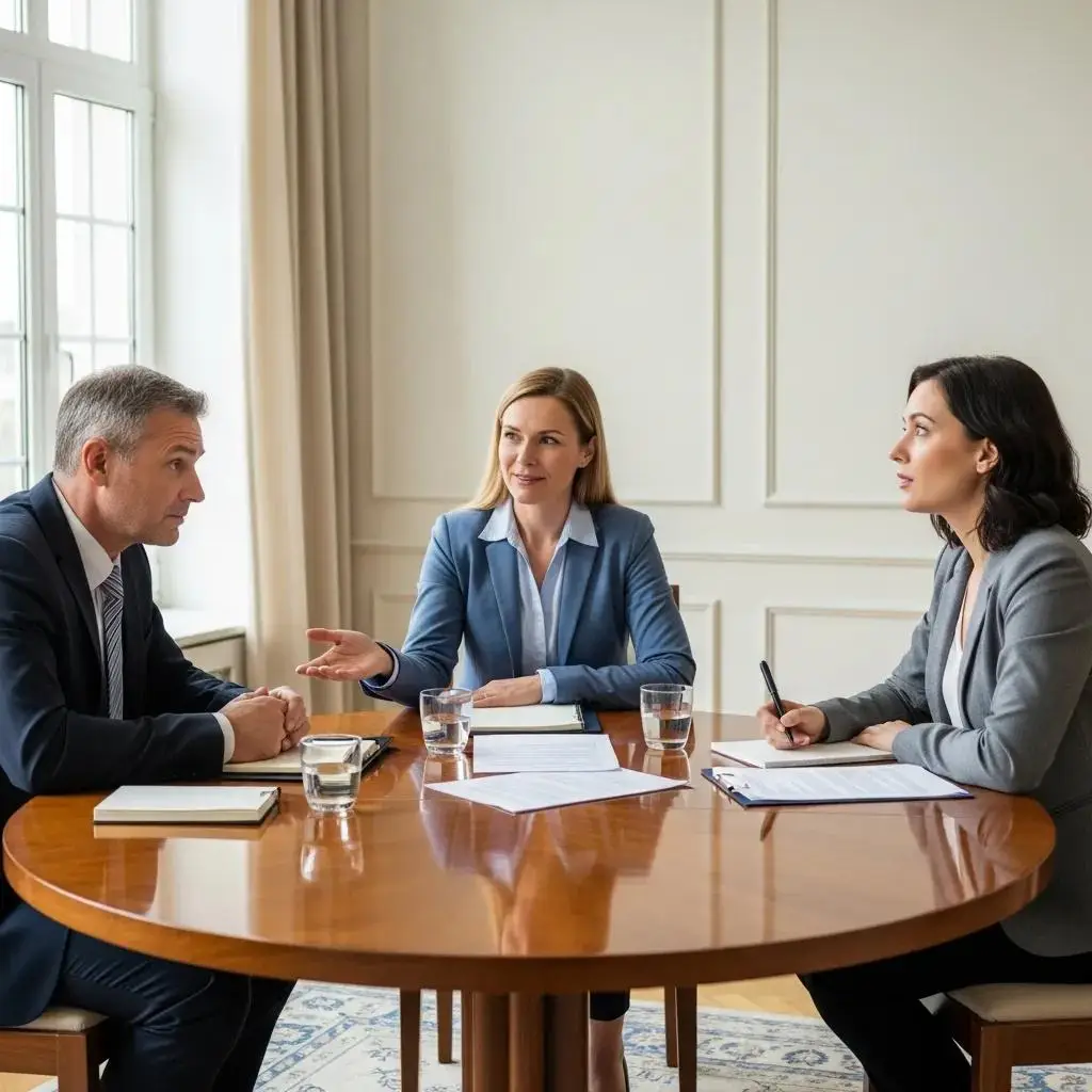 Mediation session between business owners discussing asset division in divorce