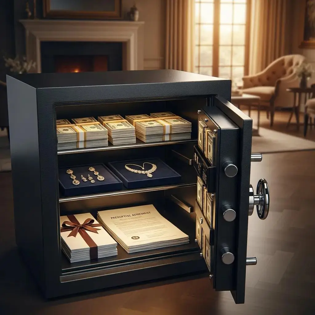 Open safe displaying valuable items, symbolizing asset protection in prenuptial agreements