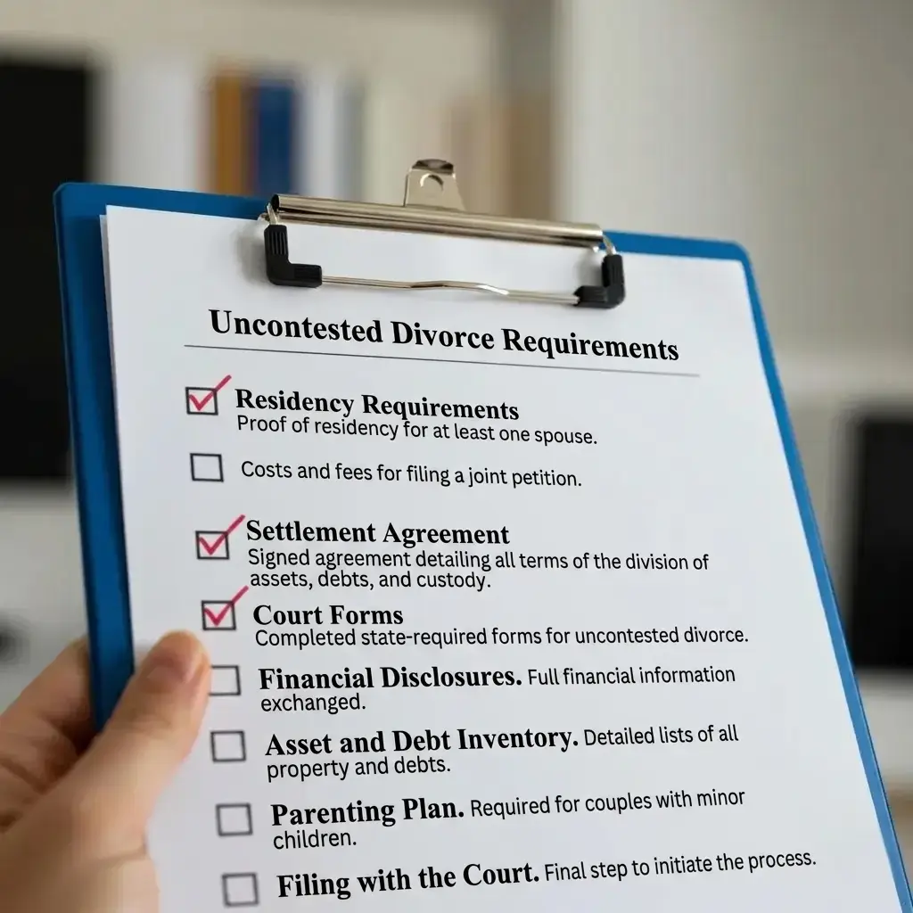 Checklist of requirements for filing an uncontested divorce, highlighting organization and clarity