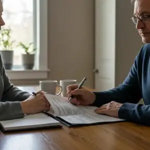 Couple discussing divorce options at a kitchen table, emphasizing the importance of informed decisions