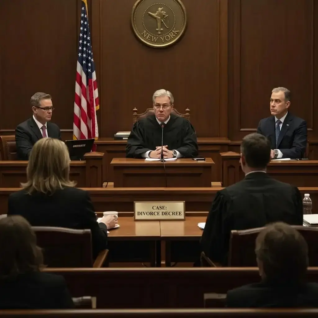 Courtroom scene depicting a contested divorce case with a judge and couple, emphasizing the legal process